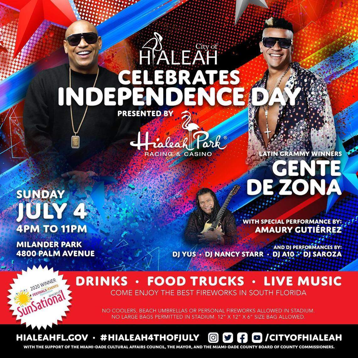A flier promoting the city of Hialeah’s 2021 Independence Day celebration at Milander Park.