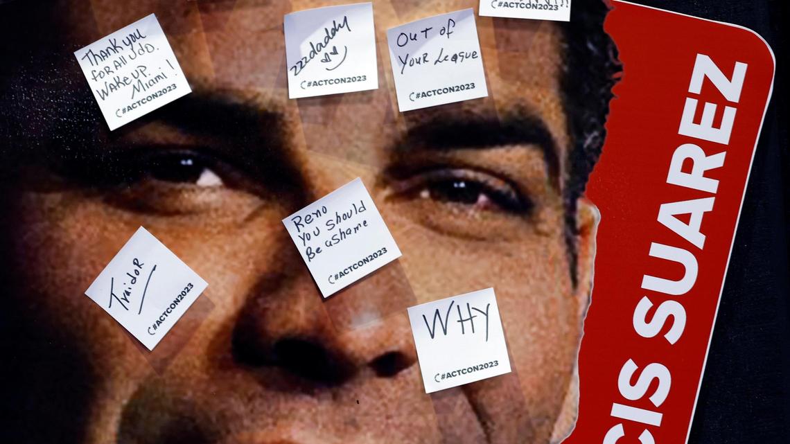 Attendees posted sticky notes with comments on an image of Miami Mayor Francis Suarez during the Turning Point Action Conference at the Palm Beach County Convention Center in West Palm Beach, Florida, on July 15, 2023.
