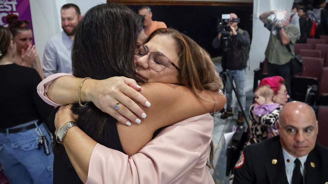 Shannon Melendi’s sister, Monique Melendi, hugs her former counselor Angela King after presentations during the 30th Commemorative Senior Safety Assembly sponsored by the Shannon Melendi 30th Commemorative Committee at Southwest Miami Senior High School in Miami, Florida on Tuesday, March 19, 2024. Shannon Melendi was a 1992 Honors Graduate from Southwest Miami Senior High School, attending college at Emory University in Atlanta, Georgia. On March 26, 1994, while on a break from work, Shannon was kidnapped, raped, and murdered by Colvin “Butch” Hinton. Hinton was convicted and sentenced to life in prison in 2005, with the possibility of parole. He is again eligible for parole in January, 2025.
