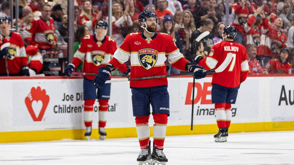 Florida Panthers left wing Jonah Gadjovich (12) looks on after scoring against the Chicago Blackhawks in the first period of their NHL game at Amerant Bank Arena on Saturday, Feb. 1, 2025, in Sunrise, Fla.
