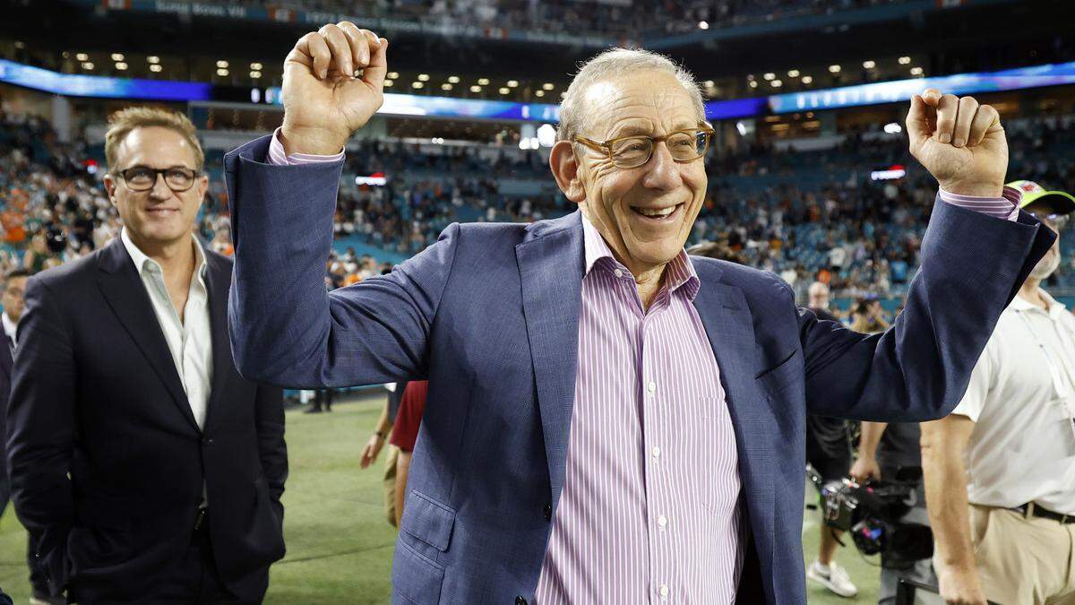 Miami Dolphins chairman of the board/managing general partner Stephen M. Ross and vice chairman, president, and chief executive officer Tom Garfinkel, at left, react as the Dolphins defeat the tthe New York Jets during their NFL game at Hard Rock Stadium in Miami Gardens, Florida, on Monday, September 29, 2025.