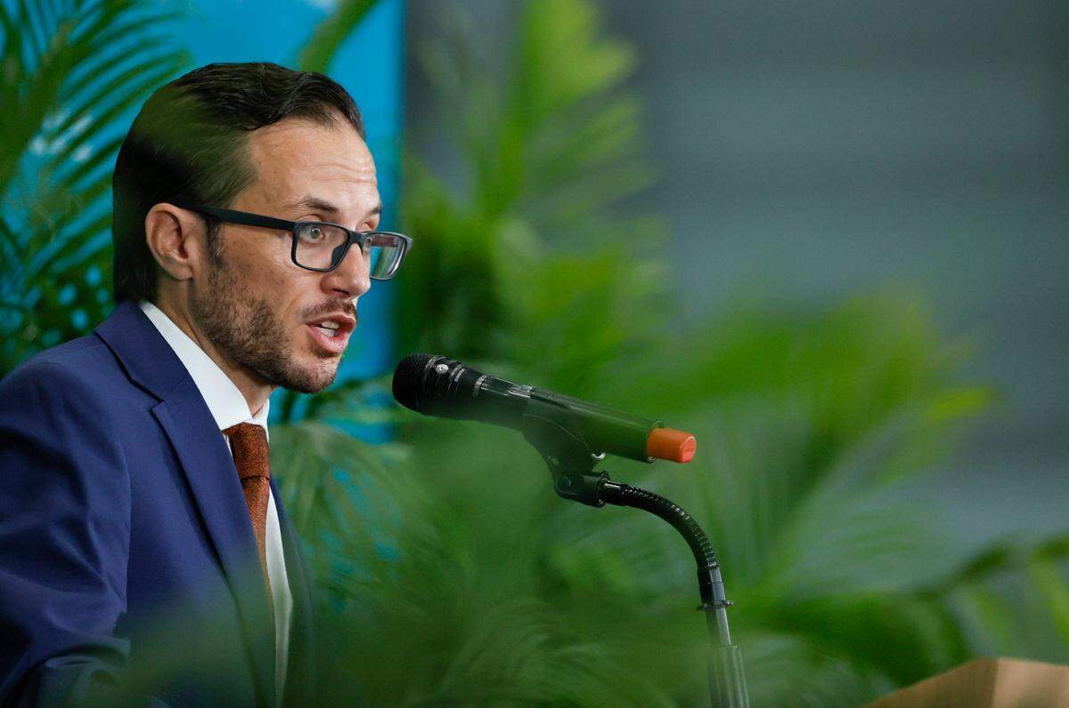 New Miami Dolphins head coach Mike McDaniel speaks at his introductory press conference at Baptist Health Training Complex in Hard Rock Stadium on Thursday, February 10, 2022 in Miami Gardens, Florida.