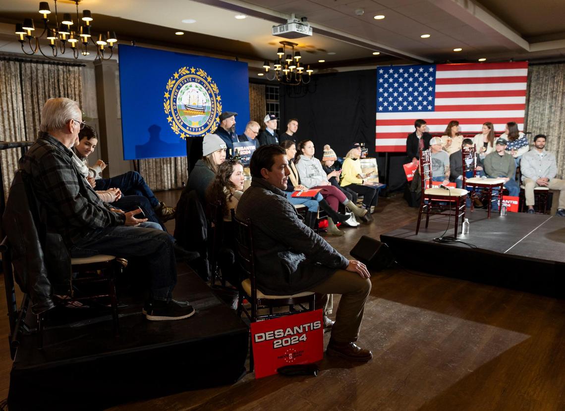 People gather at to hear Florida Governor Ron DeSantis speak during a town hall at the LaBelle Winery on Tuesday, Jan. 17, 2024, in Derry, New Hampshire.