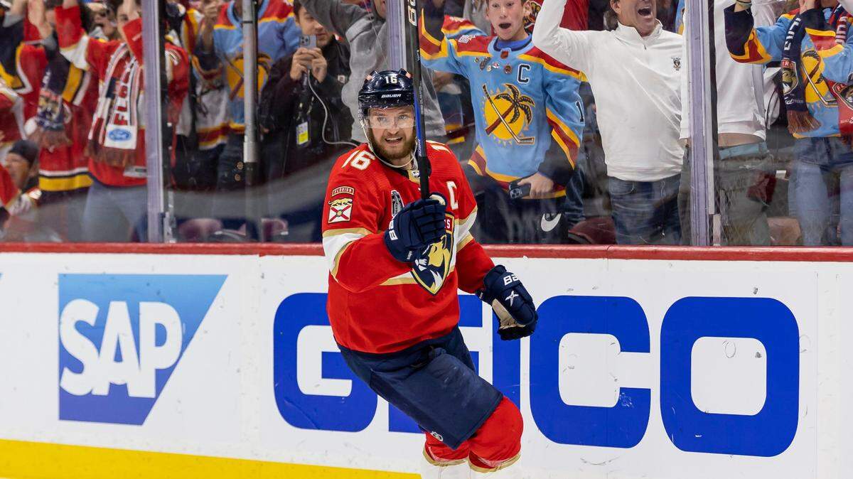 Florida Panthers center Aleksander Barkov (16) celebrates after scoring a goal against the Vegas Golden Knights in the third period of Game 4 of the NHL Stanley Cup Final at the FLA Live Arena on Saturday, June 10, 2023, in Sunrise, Fla.
