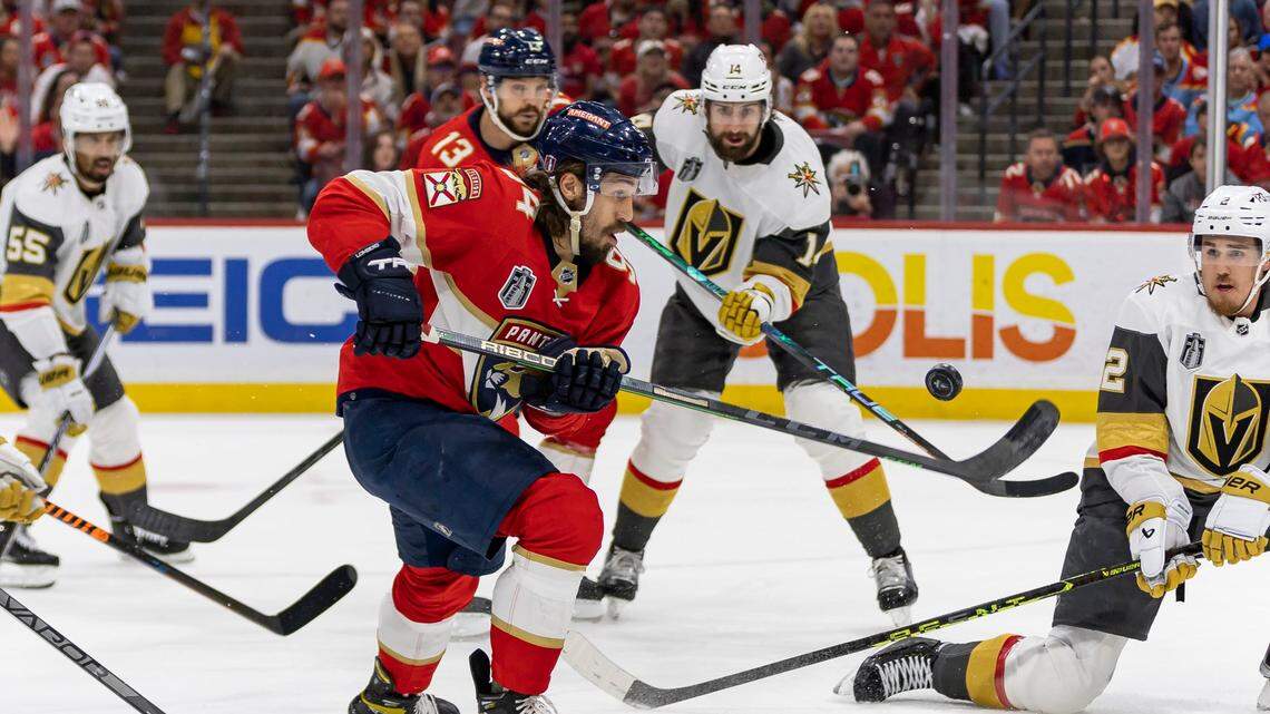 Florida Panthers left wing Ryan Lomberg (94) tries to gain control of the puck against the Vegas Golden Knights in the first period of Game 4 of the NHL Stanley Cup Final at the FLA Live Arena on Saturday, June 10, 2023, in Sunrise, Fla.