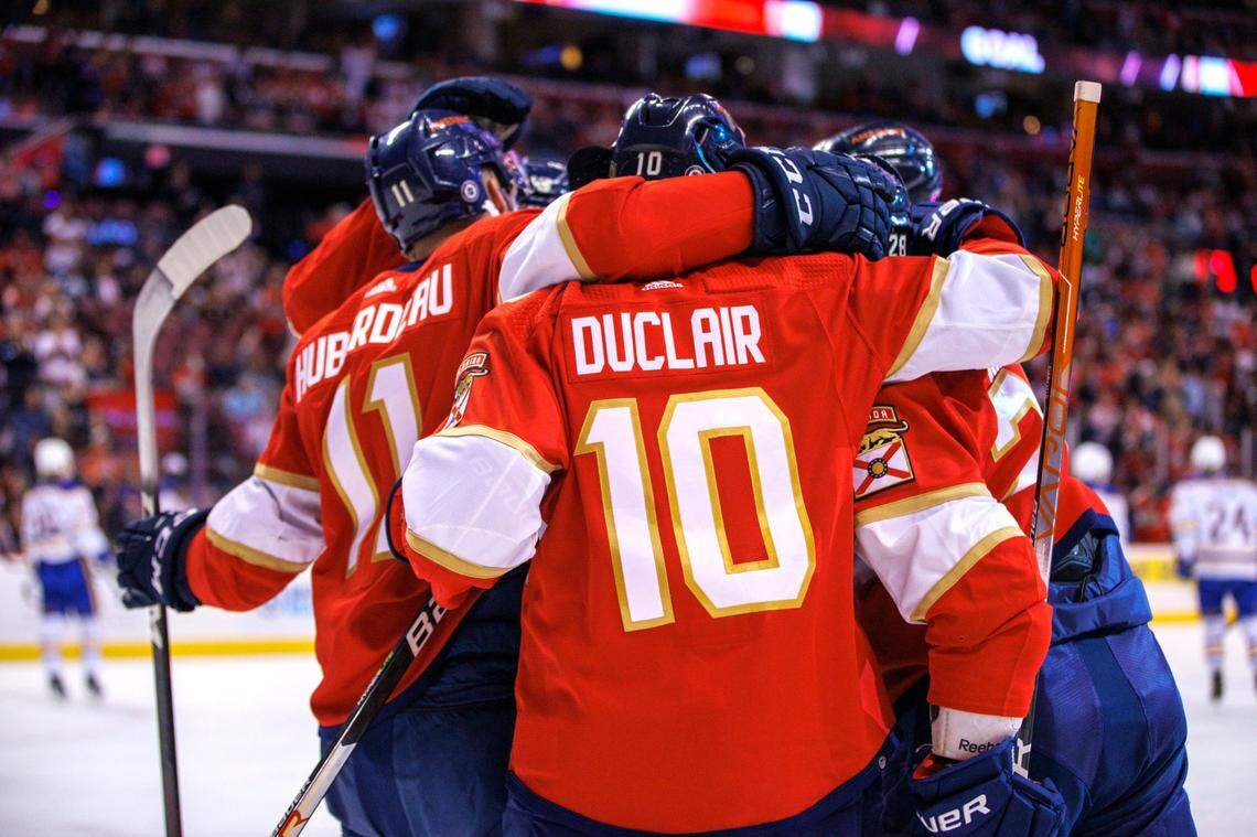 Florida Panthers right wing Claude Giroux (28) is congratulated by teammates after scoring a goal during the first period of an NHL game against Buffalo Sabres at the FLA Live Arena on Friday, April 8, 2022 in Sunrise, Fl.