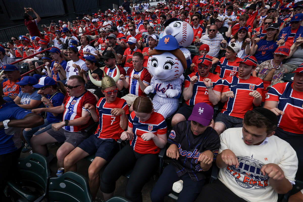 NEW YORK, NEW YORK - JUNE 24: Fans of Norway National team perform a 'Viking Row' during the sixth inning between the New York Mets and the Chicago Cubs in game one of a doubleheader at Citi Field on June 24, 2026 in New York City. (Photo by Ishika Samant/Getty Images)