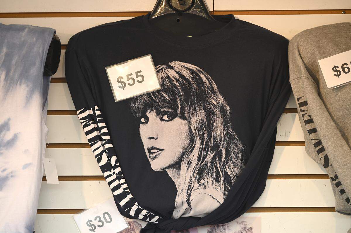 Merchandise seller set up before the start of a Taylor Swift concert at the MetLife Stadium, East Rutherford, NJ, May 26, 2023.