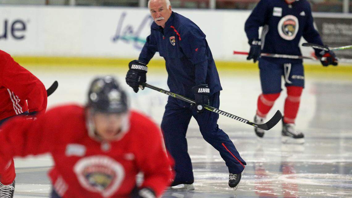 Florida Panthers coach Joel Quenneville on the ice as they train at their practice facility in Coral Springs, Florida, July 15, 2020.