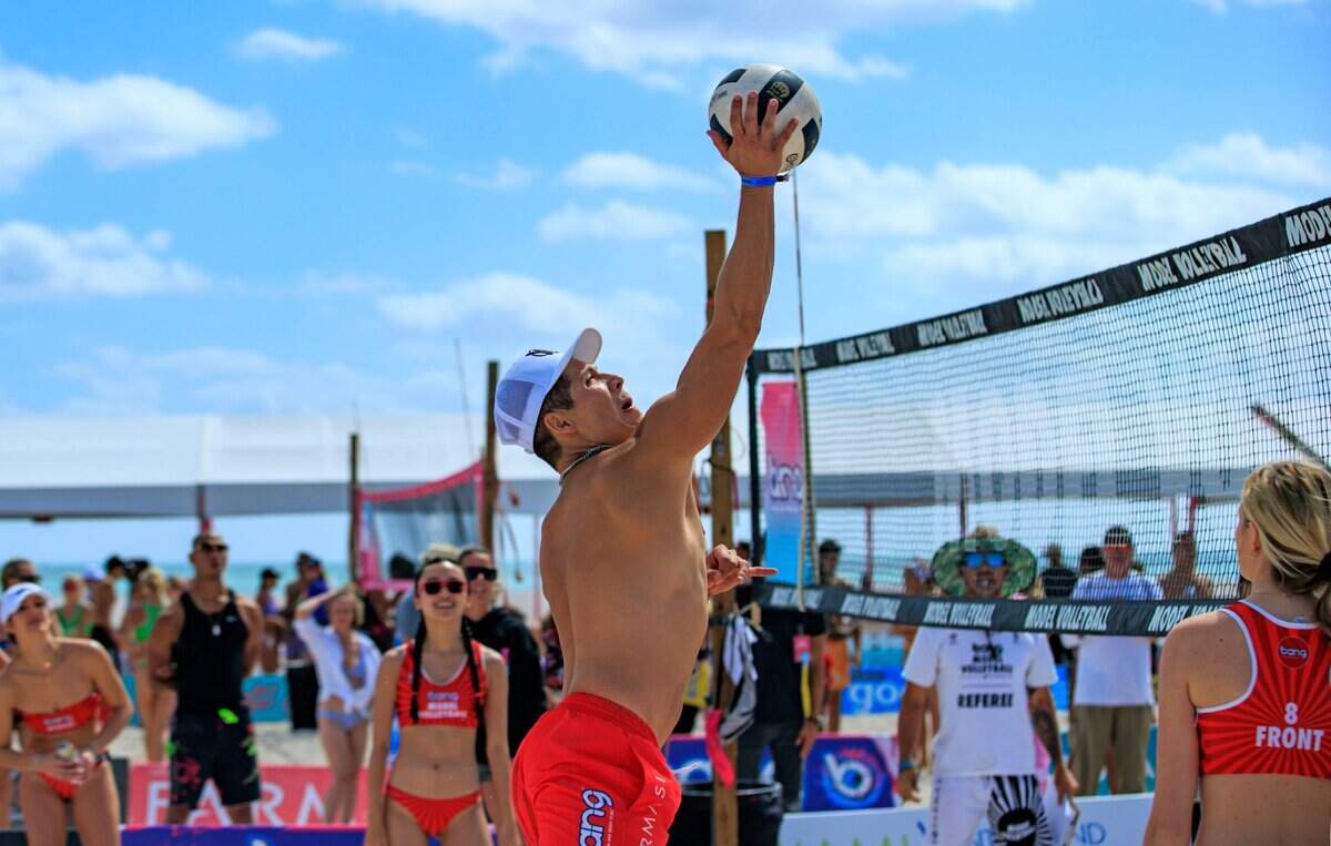 Front management model passes the ball against the Source Models team during day two of the 12th annual Bang Model Volleyball tournament at 8th street and Ocean Drive on Sunday, March 13, 2022 in Miami Beach, Fl.