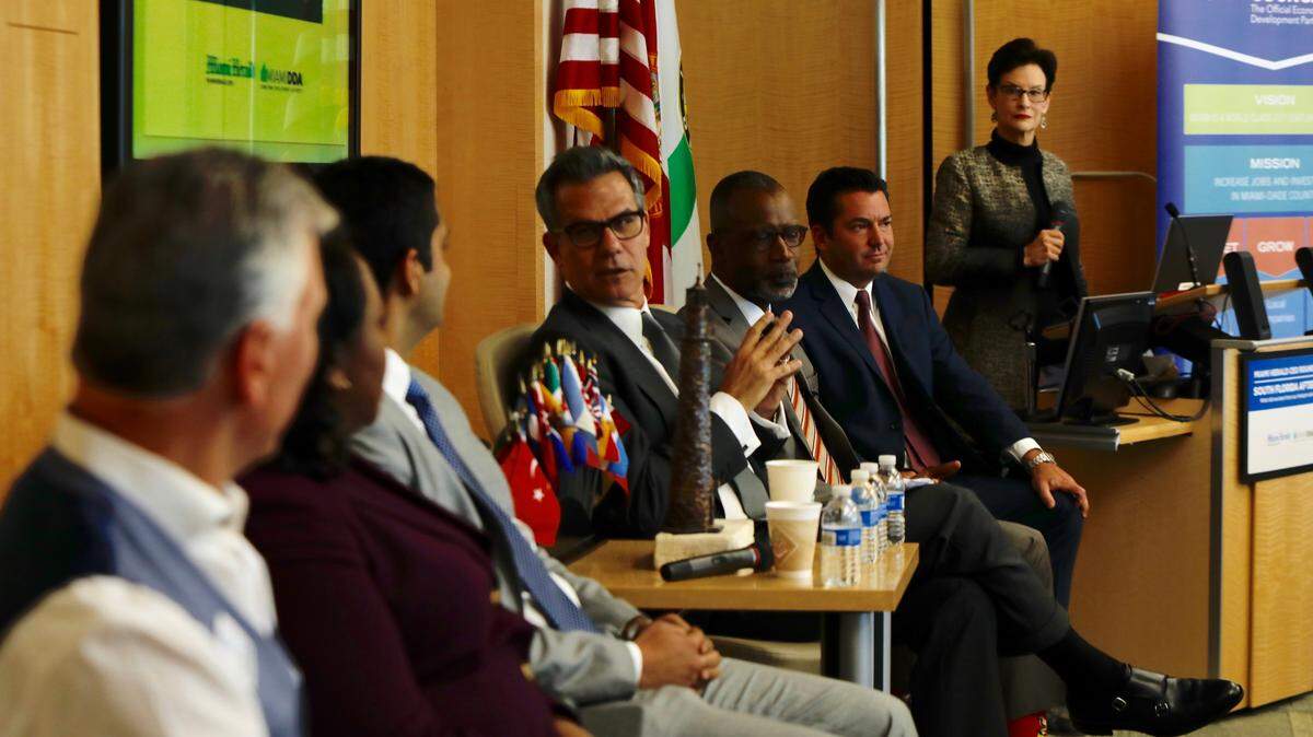 Panelists discuss the lessons and benefits of the Amazon HQ2 bid Tuesday at a Miami Herald event held at the Beacon Council office. On the dais were David Coddington of the Greater Fort Lauderdale Alliance, Shereena Coleman of the Palm Beach County Business Development Board, Miami developer Nitin Motwani, urbanist and event moderator Richard Florida, Miami-Dade Beacon Council President Michael Finney, relocation specialist John Boyd and Miami Herald Business Editor Jane Wooldridge.