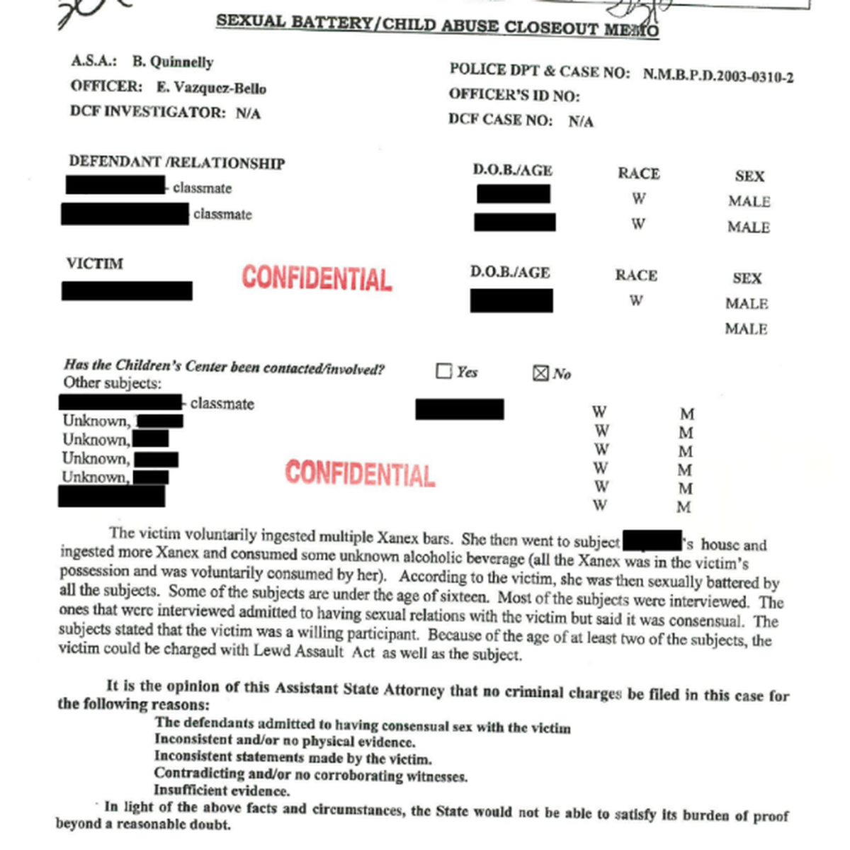 Screenshot of 2003 closeout memo by the prosecutor in the Miami-Dade State Attorney’s Office.