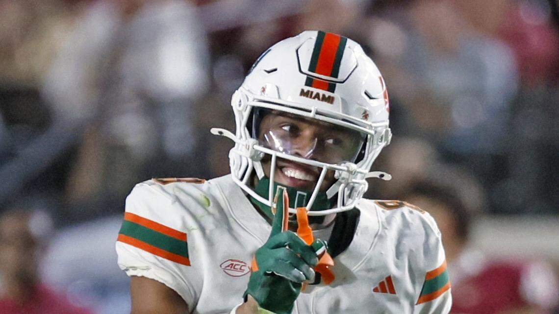 Miami Hurricanes defensive back Jakobe Thomas (8) reacts after making a stop against the Florida State Seminoles during the first half of their NCAA game at Doak Campbell Stadium in Tallahassee, Florida, on Saturday, October 4, 2025.