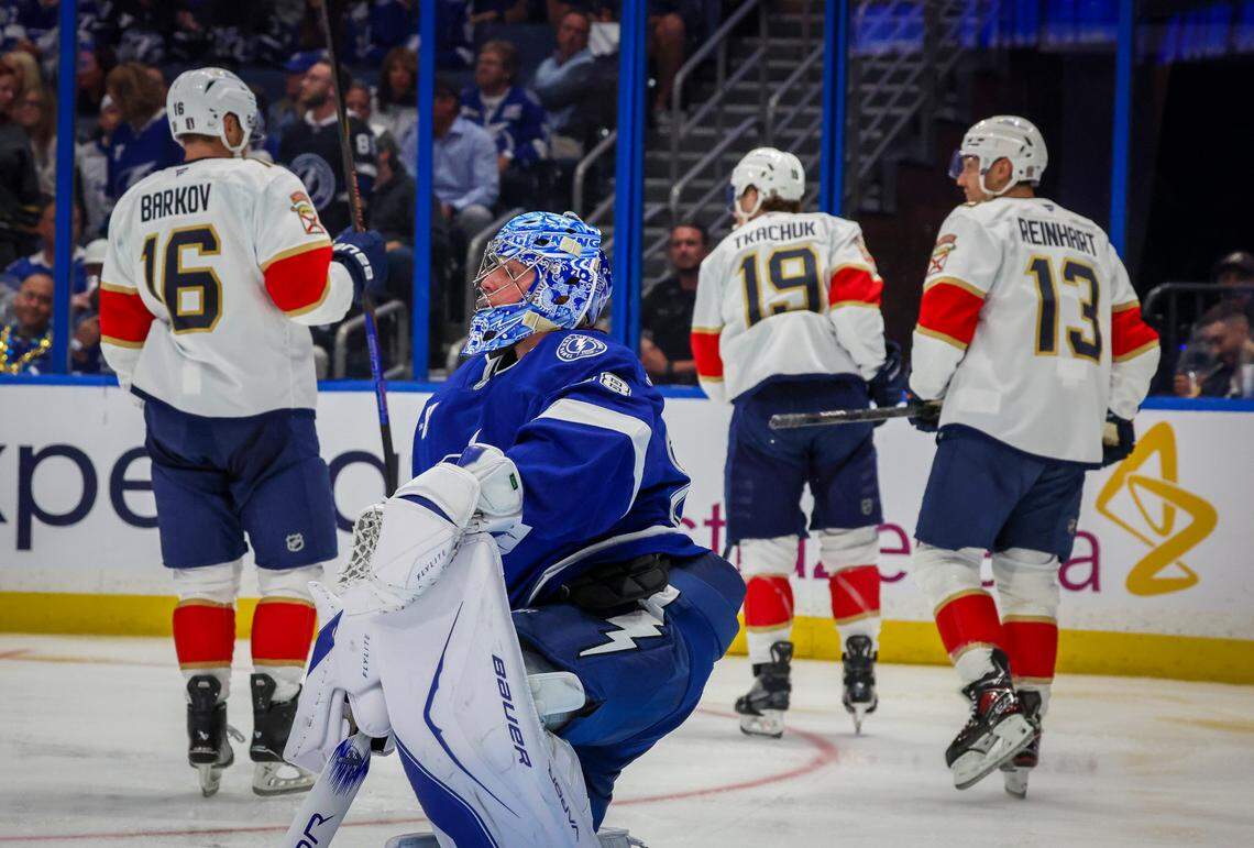 Tampa Bay Lightning goaltender Andrei Vasilevskiy (88) reacts after Florida Panthers left wing Matthew Tkachuk (19) scored in the second period in Game 1 in the first round of the Stanley Cup Playoffs Tuesday, April 22, 2025 in Tampa.