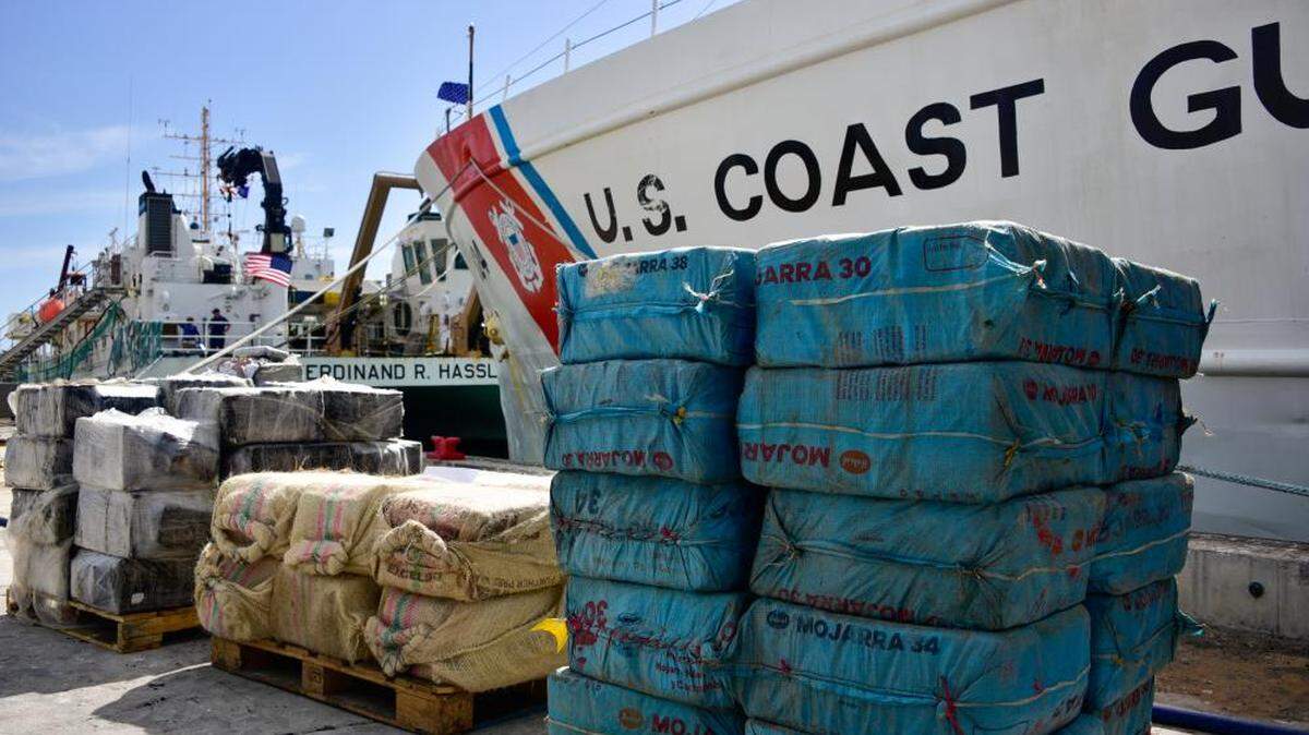 Pallets of illegal narcotics offloaded from U.S. Coast Guard Cutter Dauntless (WMEC-624) following a drug offload at Base Miami Beach, Florida, April 1, 2022. The Dauntless is homeported in Pensacola.
