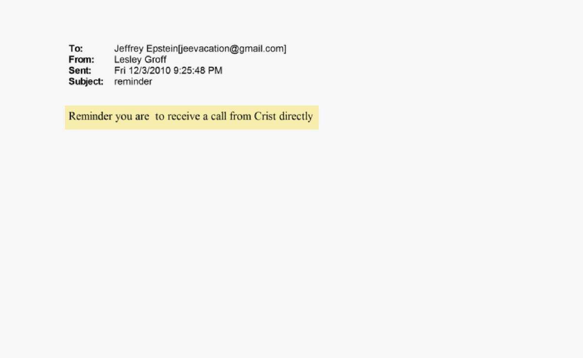 A Dec. 3, 2010, email from Jeffrey Epstein’s assistant Lesley Groff reminded him of a direct call with then Florida Gov. Charlie Crist.