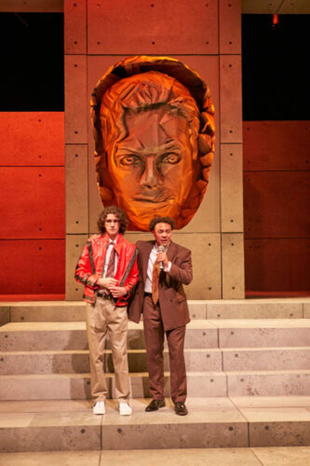 Joshua Hernandez and Dylan Rogers have different reactions to the unveiling of a Michael Jackson tribute in Miami New Drama’s “Defacing Michael Jackson.” (Photo courtesy of Stian Roenning)