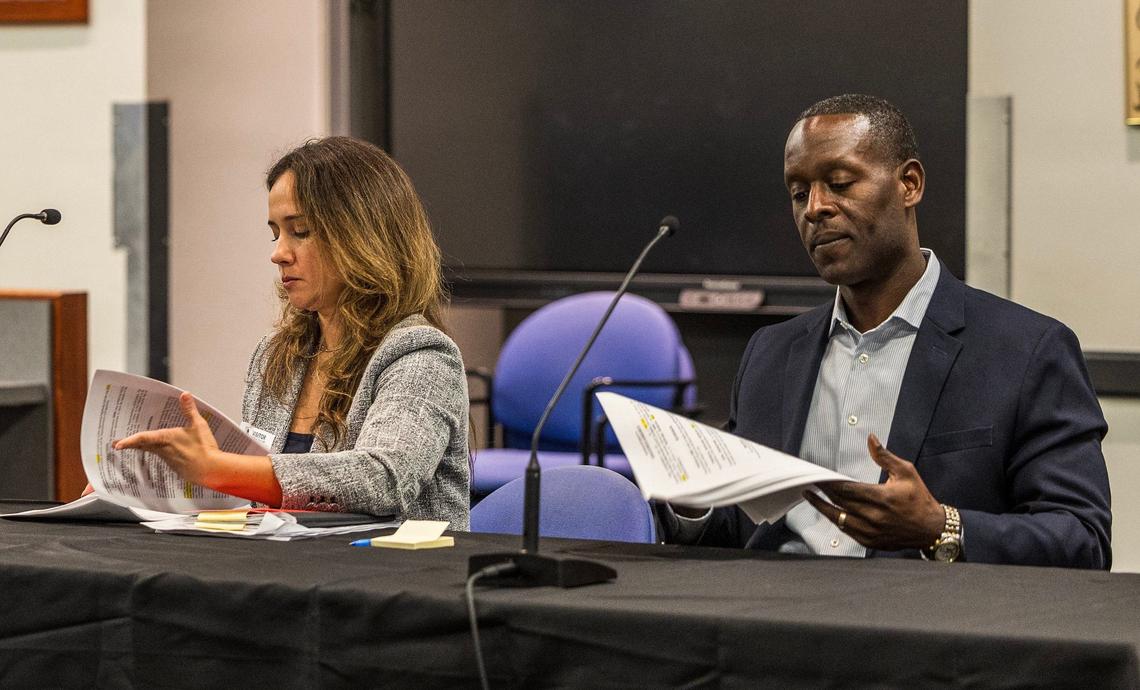 Howard Hepburn, the new superintendent of the Broward County Public Schools and his lawyer Carmen Manrara Cartaya, attended a meeting to negotiate his new contract with the school board general counsel Marilyn Batista and the board Chair Lori Alhadeff, at the school board offices, on Friday April 26, 2024.