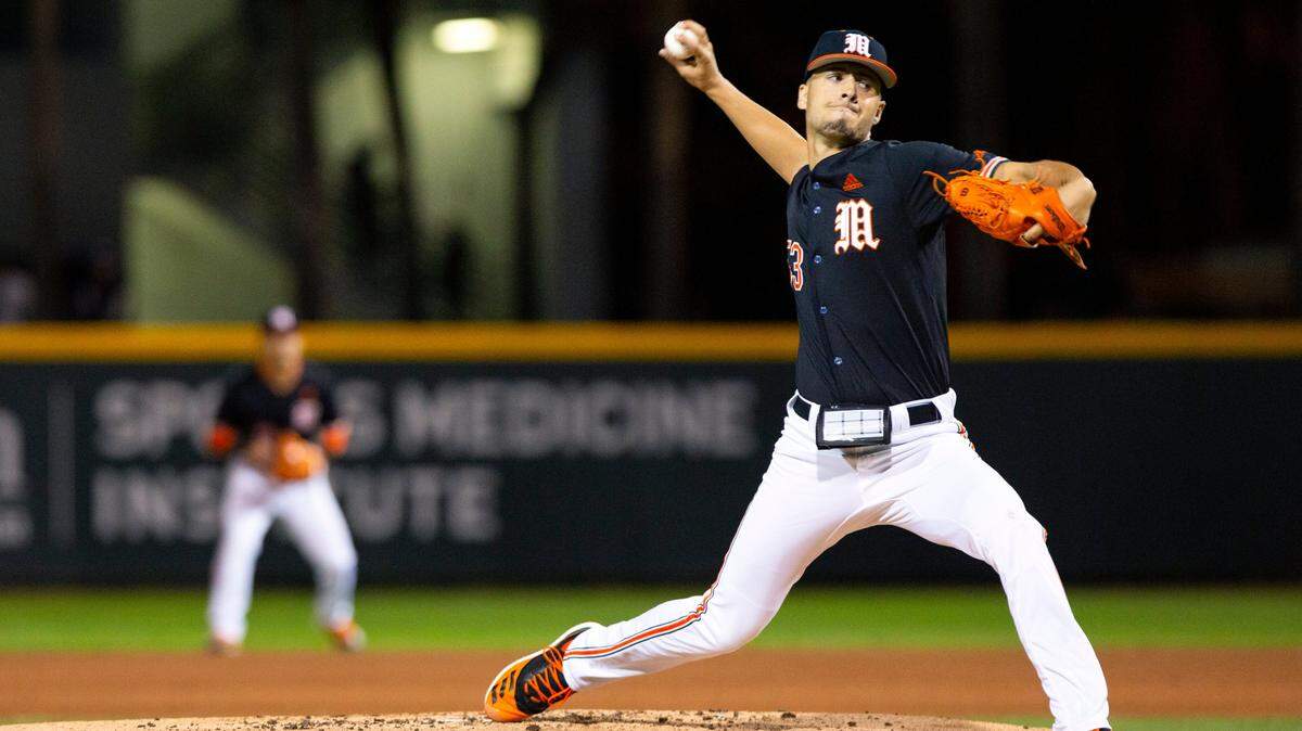 Miami Hurricanes right-handed pitcher Brian Van Belle (53) throws a pitch during the first inning of a baseball game against University of Florida at Alex Rodriguez Park in Coral Gables, Florida on Friday, February 21, 2020.