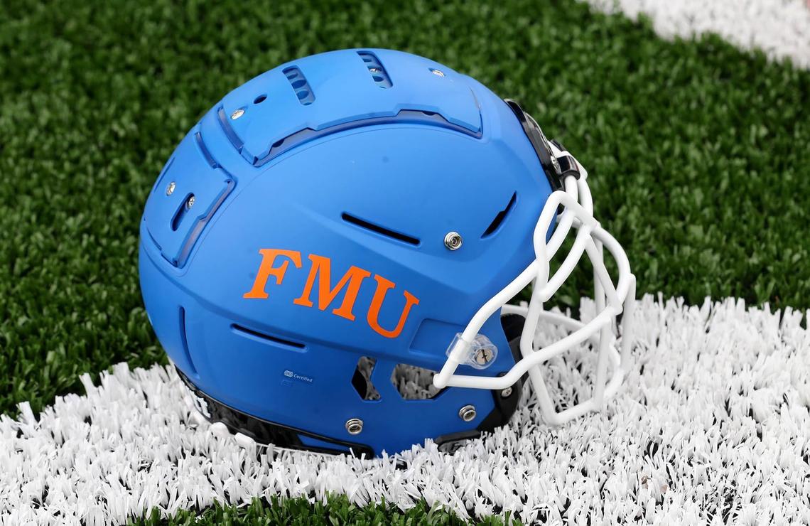 Florida Memorial University football helmet on display at a ceremony celebrating the college’s return to football, May 4, 2019. FMU Board of trustees announced the revival of the FMU football team at the Berry T. Ferguson Recreational Complex where their games will be played.
