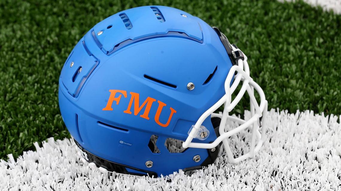 Florida Memorial University football helmet on display at a ceremony celebrating the college’s return to football, May 4, 2019. FMU Board of trustees announced the revival of the FMU football team at the Berry T. Ferguson Recreational Complex where their games will be played.