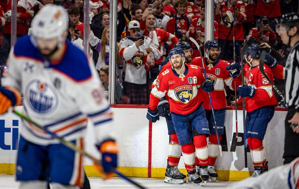 Florida Panthers left wing Matthew Tkachuk (19) skates away from teammates after celebrating his second goal of the game during the first period of Game 4 in the NHL Stanley Cup Final series at Amerant Bank Arena on Thursday, June 12, 2025, in Sunrise, Fla.