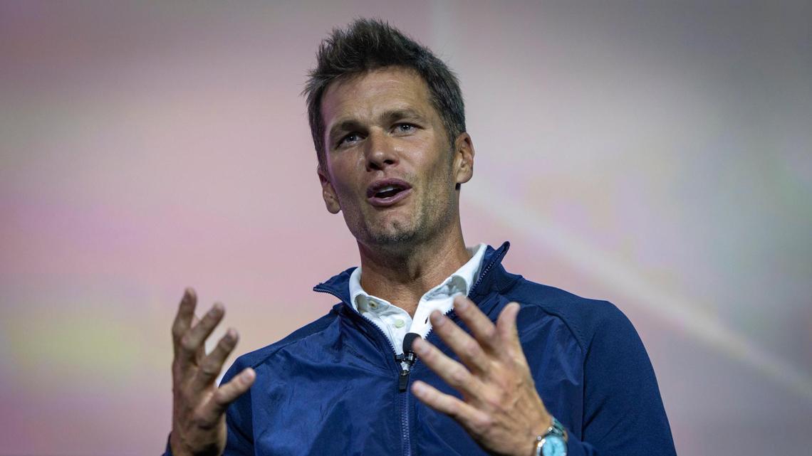 Miami Beach, Florida - April 20, 2023 - Tom Brady delivering keynote remarks at eMerge Americas 2023 in the Miami Beach Convention Center.