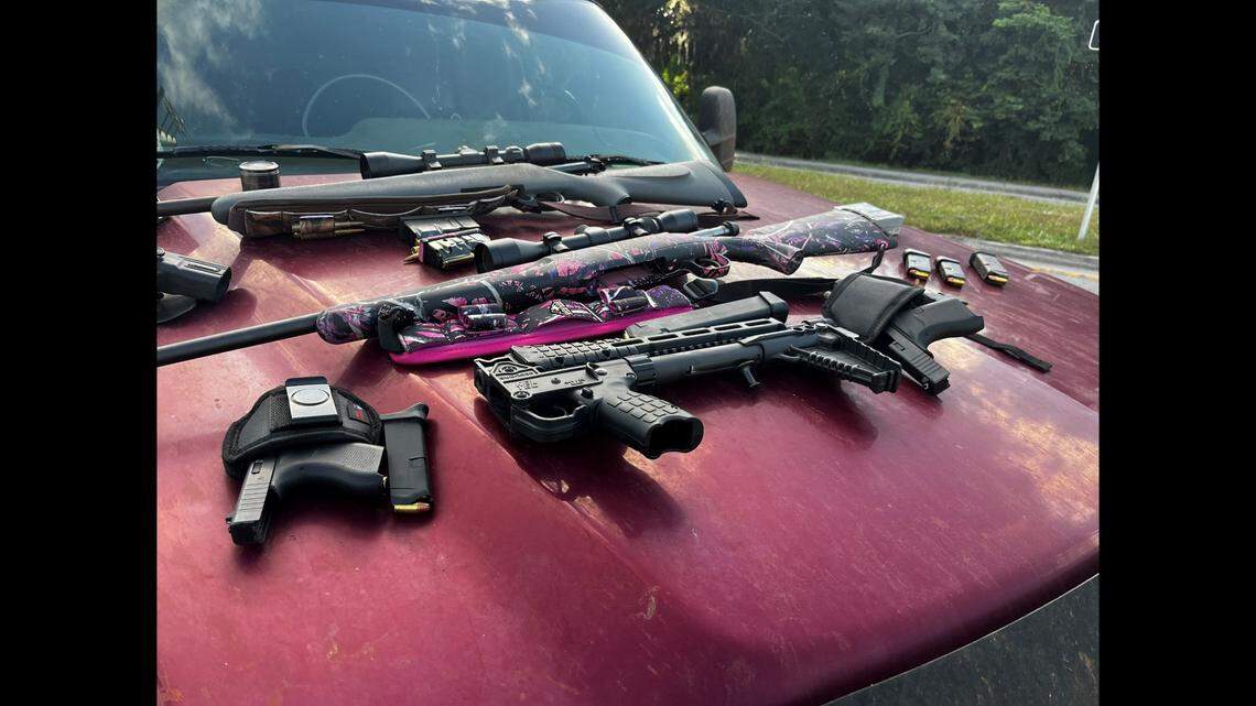 The driver was arrested and Florida state troopers “located five different firearms” during a search, officials said. The driver is charged with “three counts each of unlawful display of a weapon and aggravated assault with a weapon,” officials said.