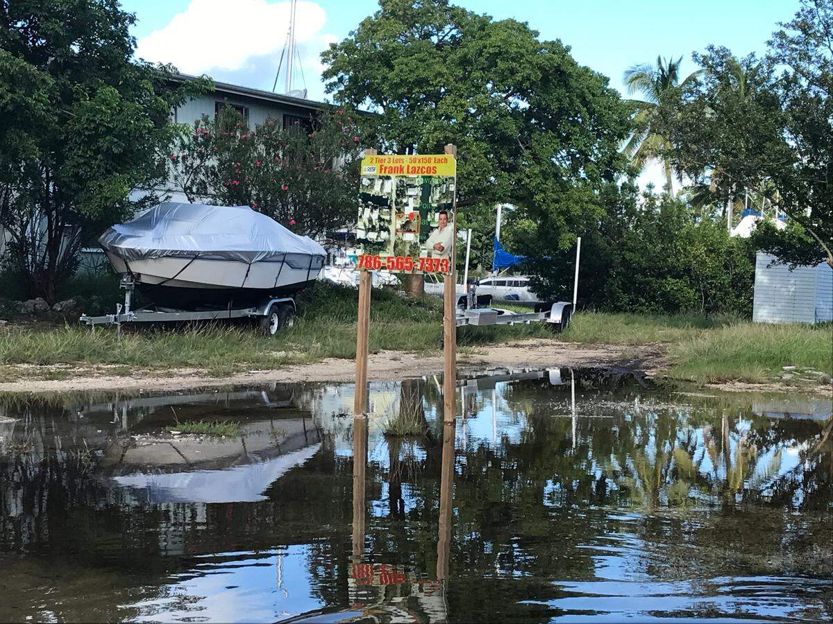 Seawater encroaches on an empty lot for sale in the Key Largo subdivision of Stillwright Point Tuesday, Oct. 15, 2019. The waters began to ebb in December after more than 90 days of flooding.