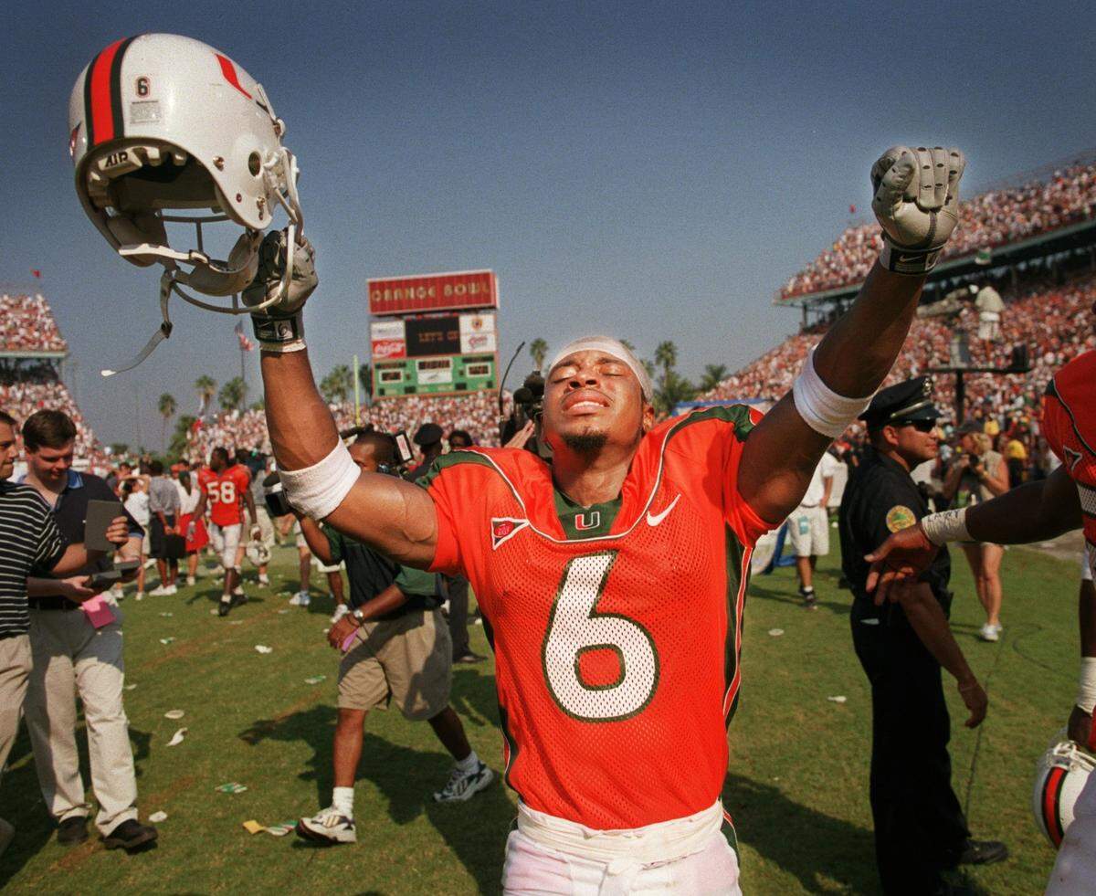 Santana Moss celebrates a University of Miami victory over Florida State in 2000.