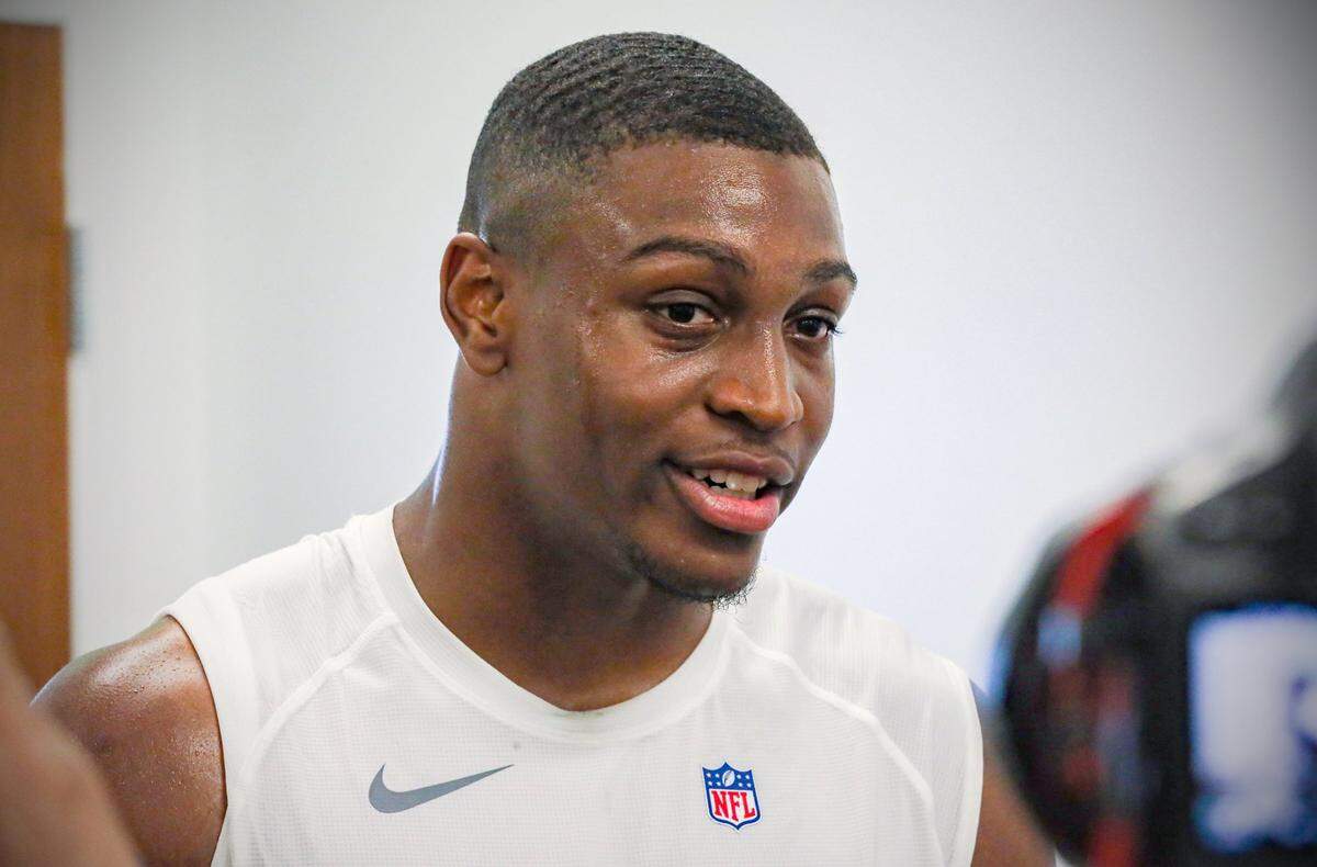 Miami Dolphins Channing Tindall (51) speaks to reporters after practice at Dolphins Rookie Minicamp at the Baptist Health Training Complex in Miami Gardens on Friday, May 13, 2022.