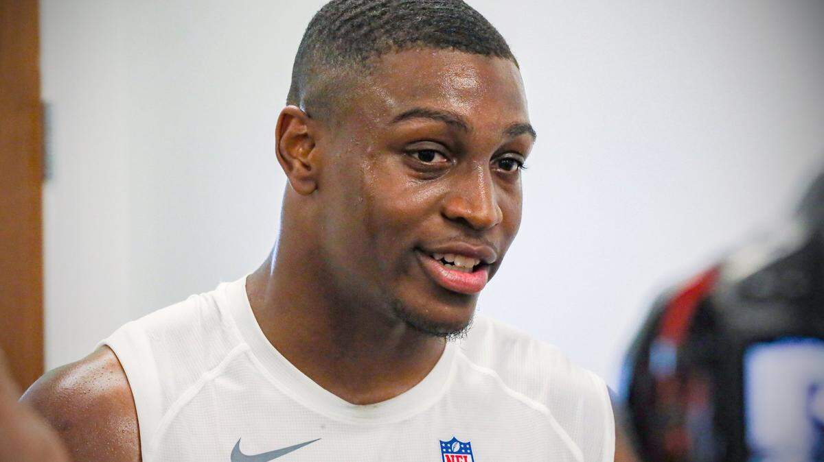 Miami Dolphins Channing Tindall (51) speaks to reporters after practice at Dolphins Rookie Minicamp at the Baptist Health Training Complex in Miami Gardens on Friday, May 13, 2022.
