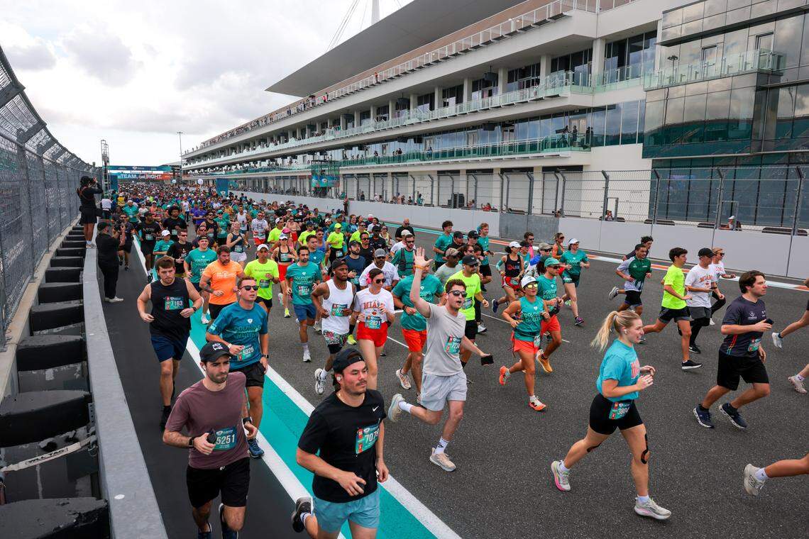Runners participate in the 5K race during the Dolphins Cancer Challenge XVI event at Hard Rock Stadium on Saturday, Feb. 28, 2026, in Miami Gardens, Florida.