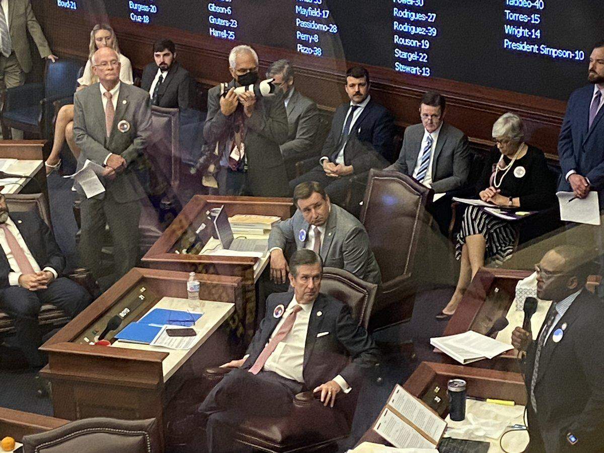 A tearful Sen. Shevrin Jones, a Democrat from Miami Gardens who is gay, asks his Senate colleagues to reconsider the “don’t say gay bill,” also known as “Parental Rights in Education,’’ noting the courage it takes for LGBTQ kids who came to the Capitol. “Just step out. Make sure we’re not hurting people,’’ he said during the March 7, 2022, debate.