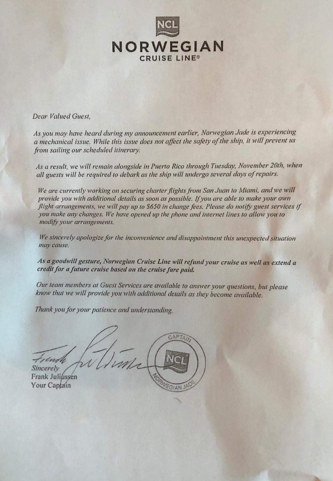 Letter to passengers aboard Norwegian Jade.