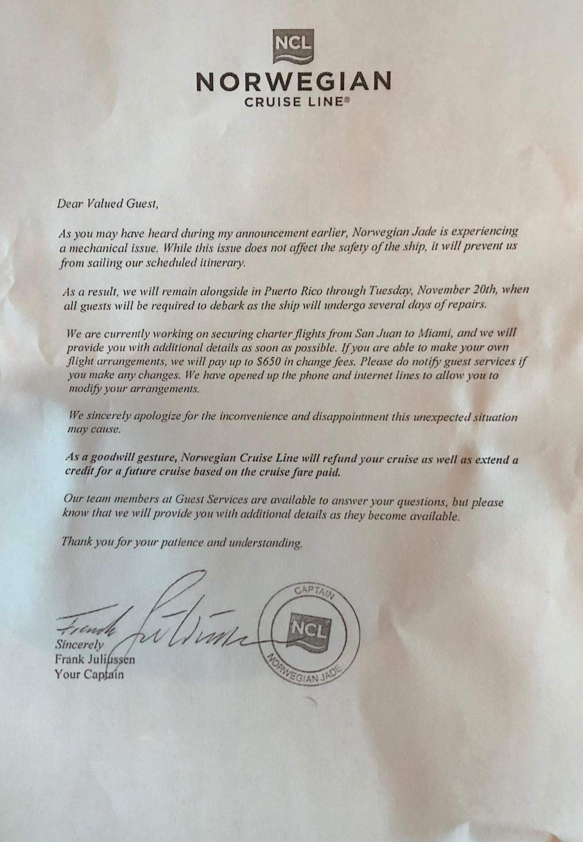Letter to passengers aboard Norwegian Jade.