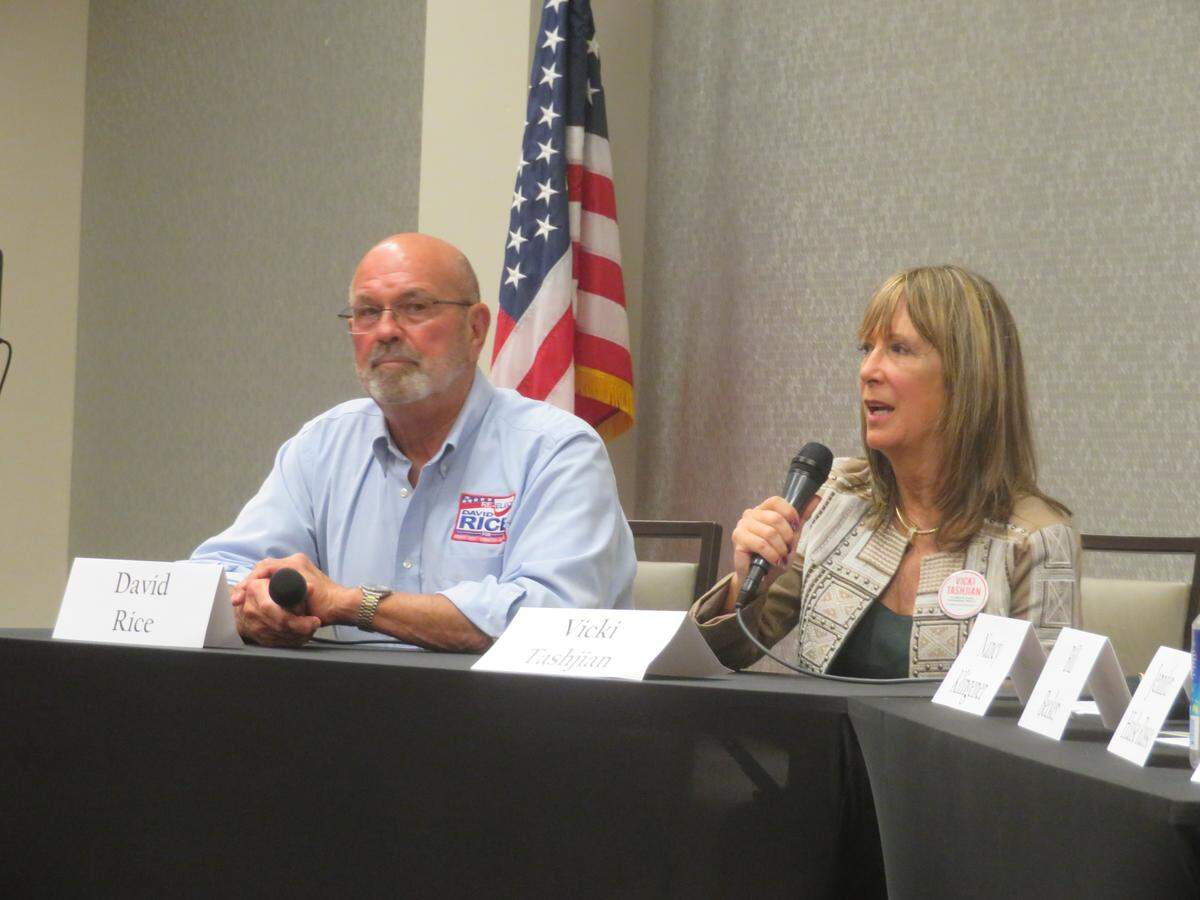 David Rice and Vicki Tashjian, candidates for the County Commission District 4 seat, appeared at a recent political forum in Key West.