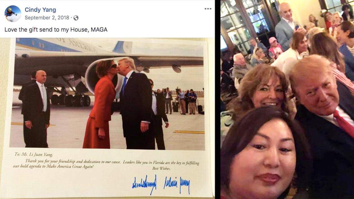 Li ‘Cindy’ Yang posted a card on Facebook sent to her by President Donald Trump and first lady Melania Trump, above left. Yang’s Super Bowl selfie with Trump, above right.