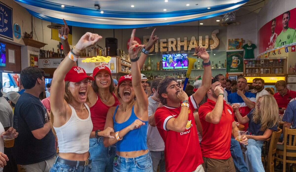 Soccer fans reacted as the USA team scores their first goal against Australia as they watched a match of the FIFA World Cup 2026 at Fritz & Franz Bierhaus in Coral Gables, on Friday June 19, 2026.