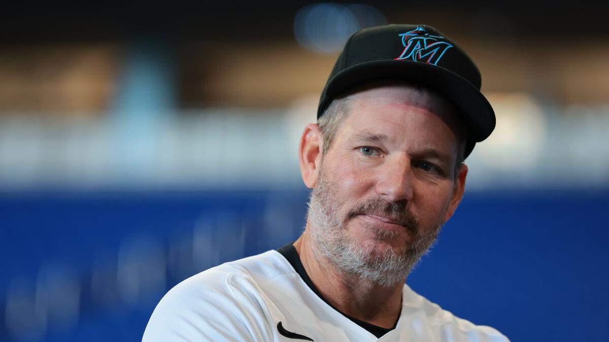 Miami Marlins manager Clayton McCullough (86) looks on from the field during media day at loanDepot park on Friday, Feb. 6, 2026, in Miami, Fla.