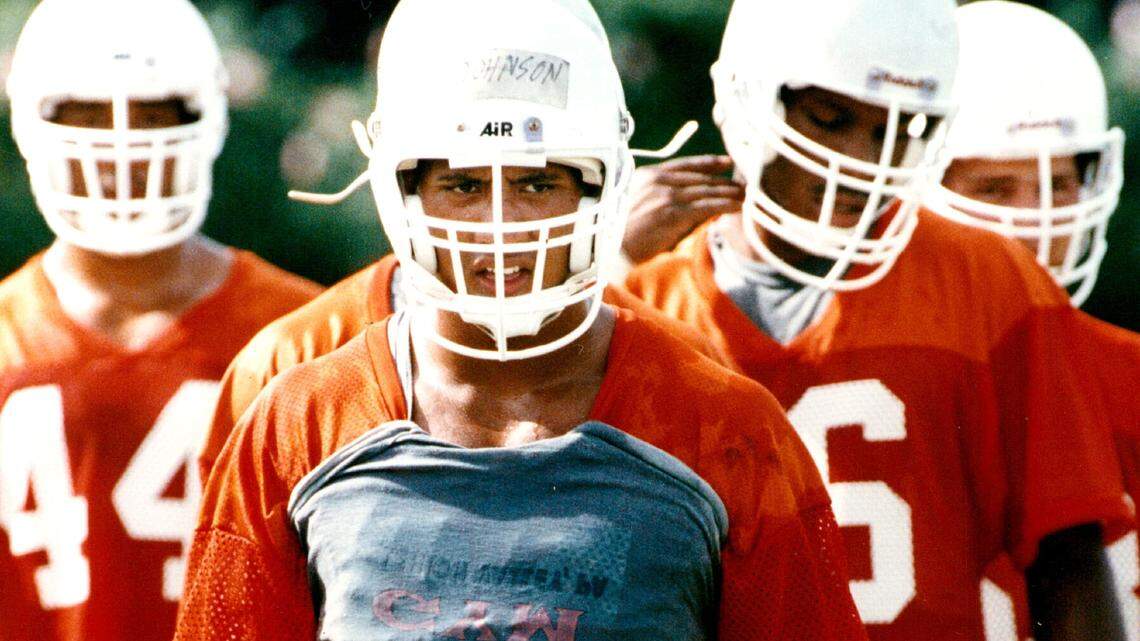 Freshman defensive lineman Dwayne Johnson during his days with the University of Miami’s Hurricanes. 