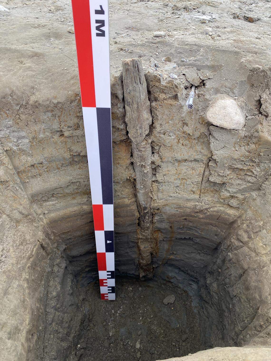 One of the wooden poles stuck deep into the lakebed.