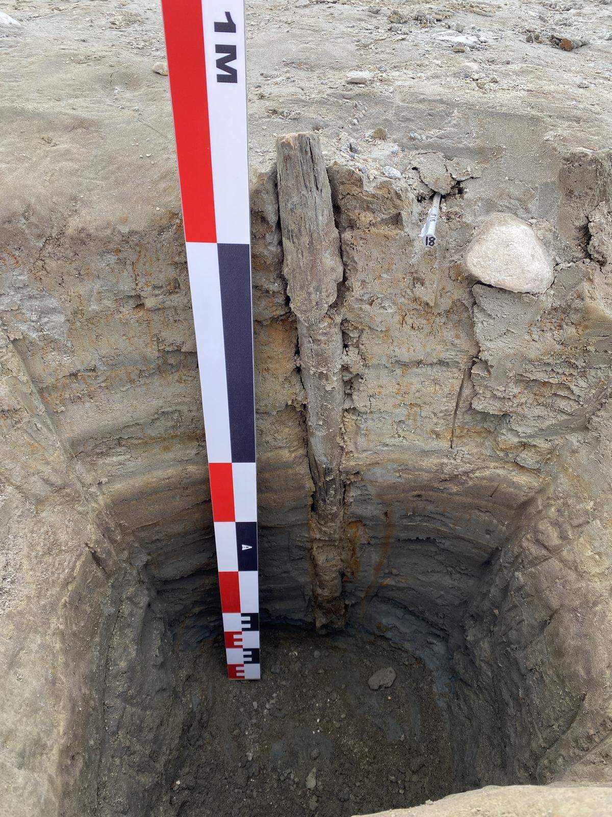 One of the wooden poles stuck deep into the lakebed.