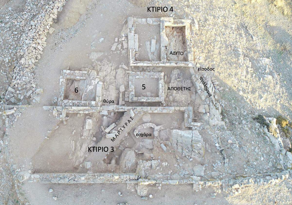 The ruined sanctuary complex as seen from above with building No. 3, No. 4, No. 5 and No. 6 labeled.
