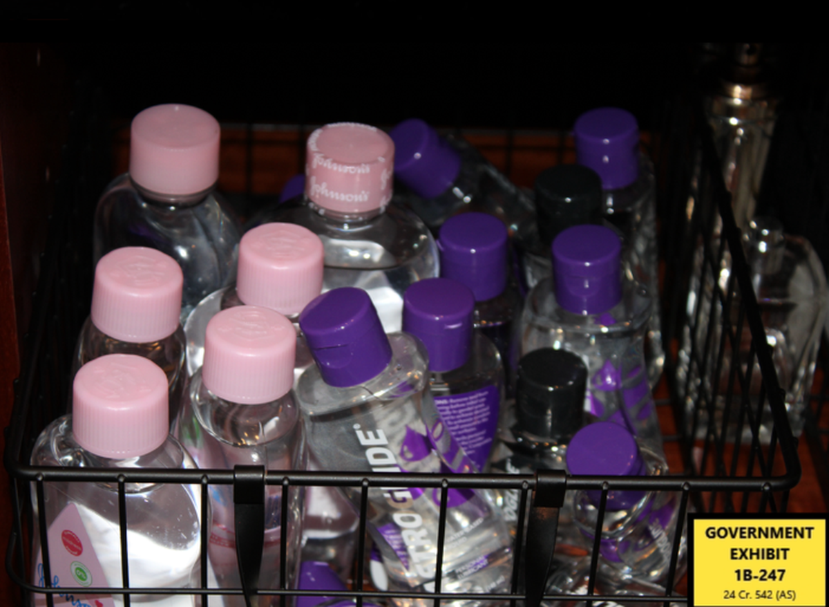A picture of a bin of baby oil and lubricant bottles was shown as an exhibit in the Sean Combs sex trafficking trial in New York City/The Department of Justice