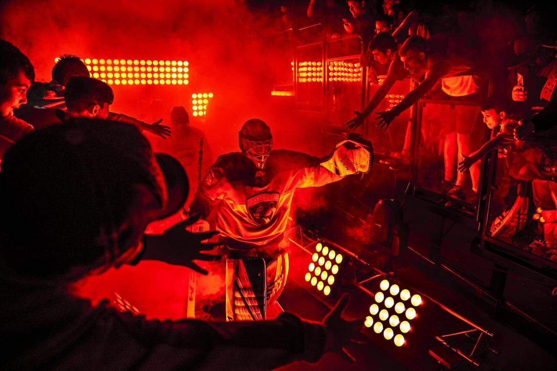 Florida Panthers goaltender Sergei Bobrovsky (72) walks out for introductions prior to the start of the game as the Florida Panthers host the Columbus Blue Jackets at the BB&T Center in Sunrise on Saturday, December 7, 2019.