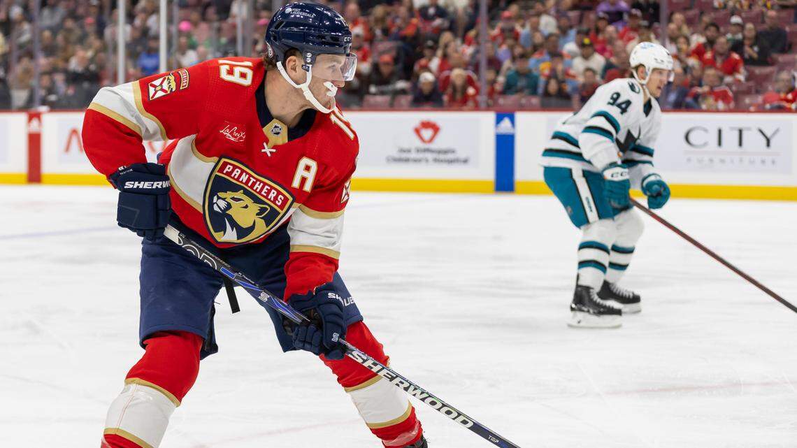 Florida Panthers left wing Matthew Tkachuk (19) passes the puck in the first period of his NHL game against the San Jose Sharks at the Amerant Bank Arena on Tuesday, Oct. 24, 2023, in Sunrise, Fla.