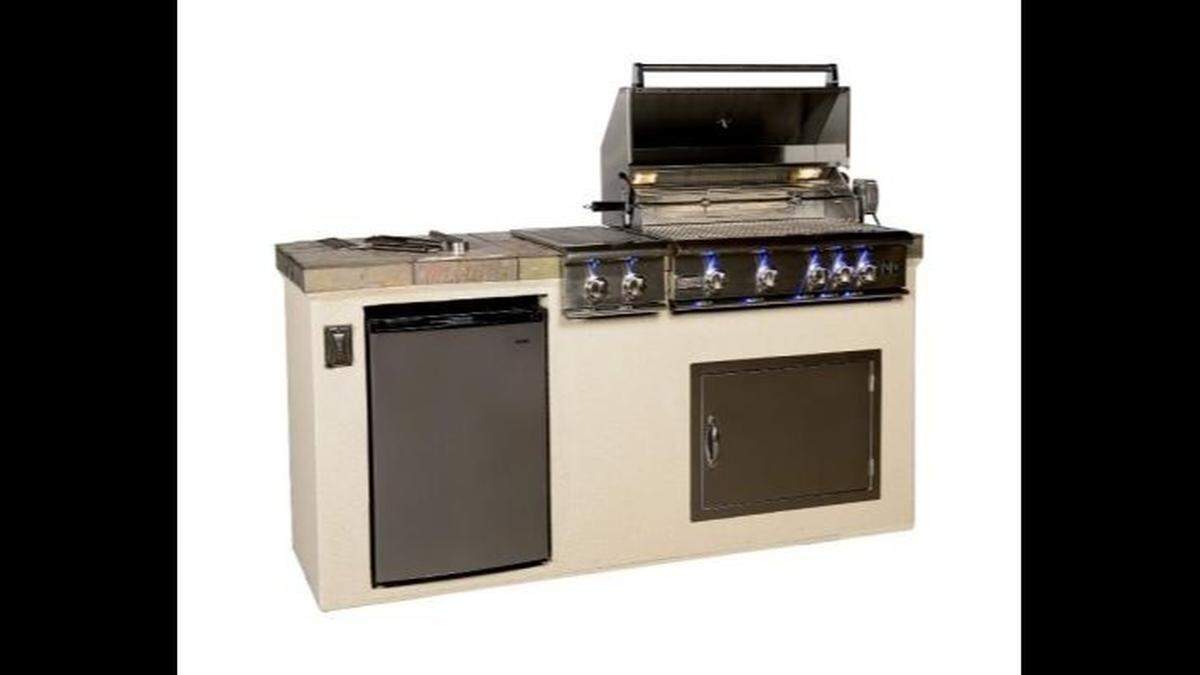 Paradise Grill GX6 Outdoor Kitchen shown with grill access door, optional side burner and refrigerator