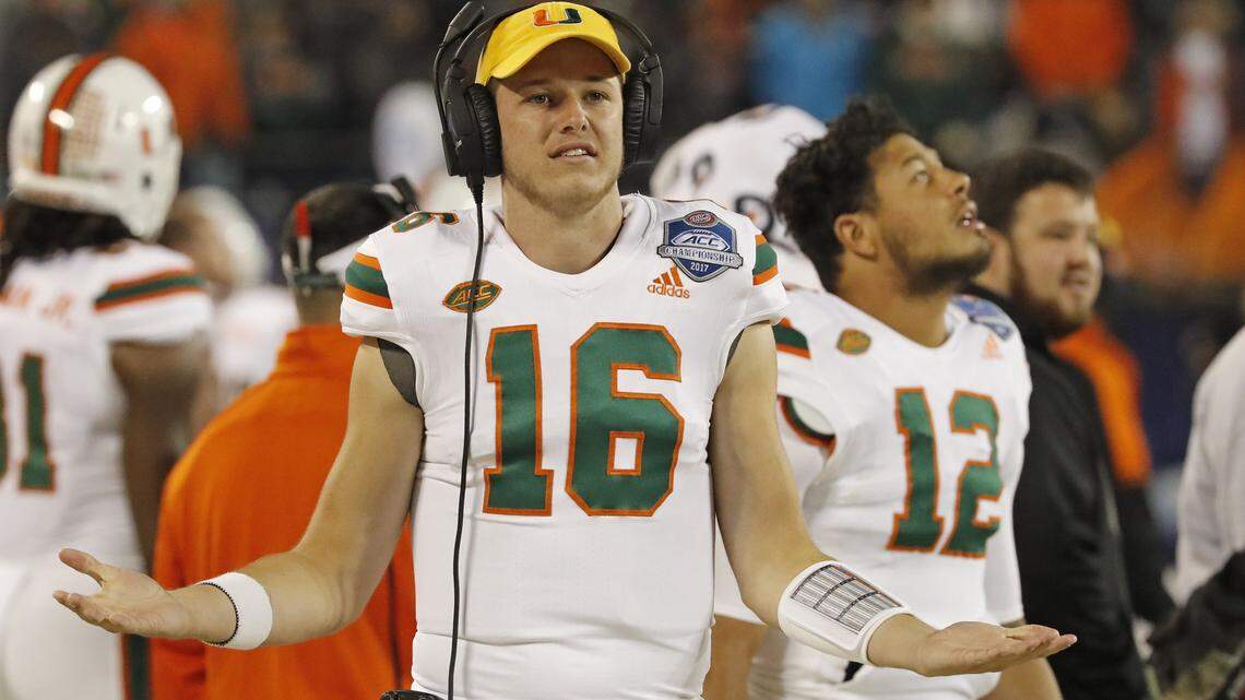 Miami Hurricanes quarterback Evan Shirreffs (16) and quarterback Malik Rosier (12) on the sidelines in the second quarter as the University of Miami Hurricanes play Clemson Tigers in the ACC Championship Game at Bank of America Stadium in Charlotte, N.C. on Saturday, December 2, 2017.