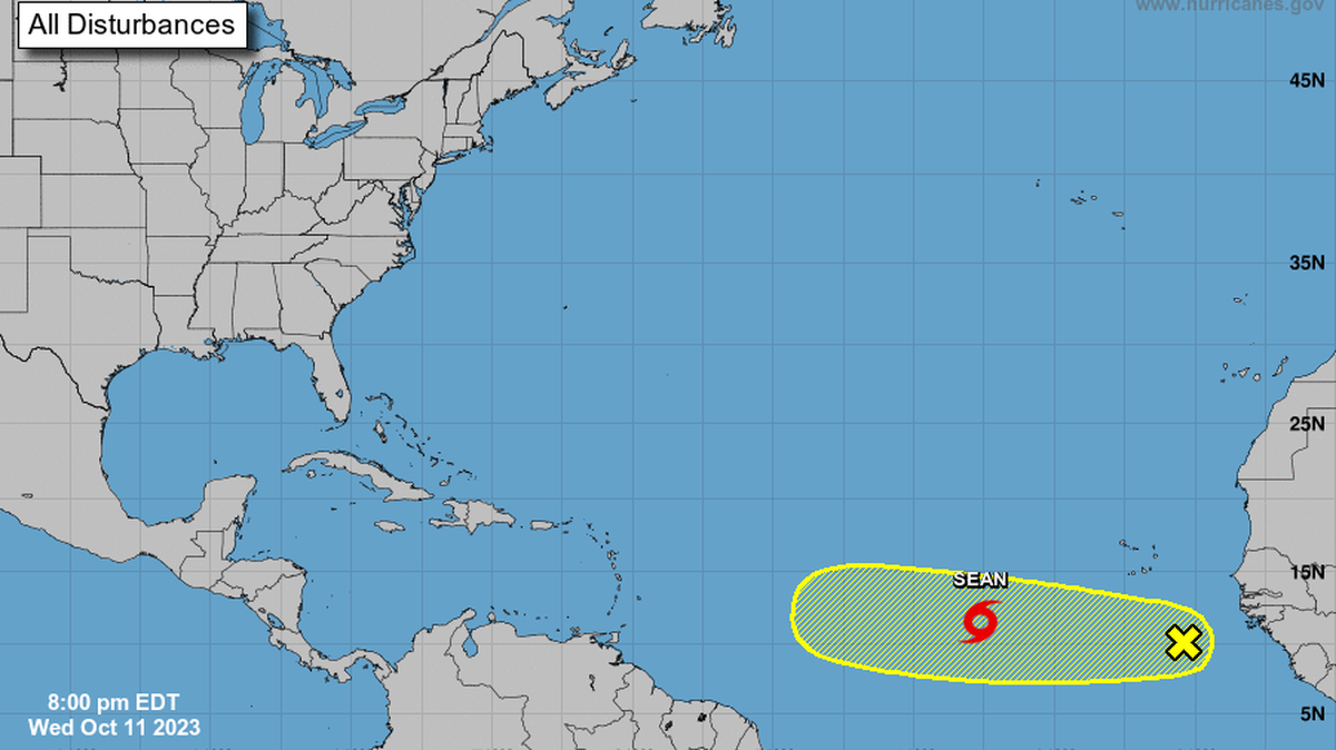 The 8 p.m. map of Tropical Storm Sean and an Atlantic Ocean tropical wave on Oct. 11, 2023.